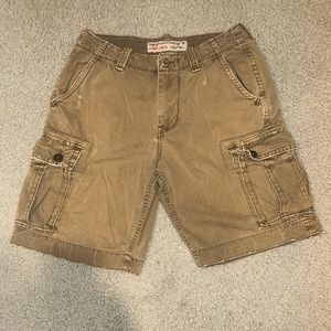 American Eagle Shorts Mens Size 32 Tan Green Cargo Distressed Midrise 12" Inseam